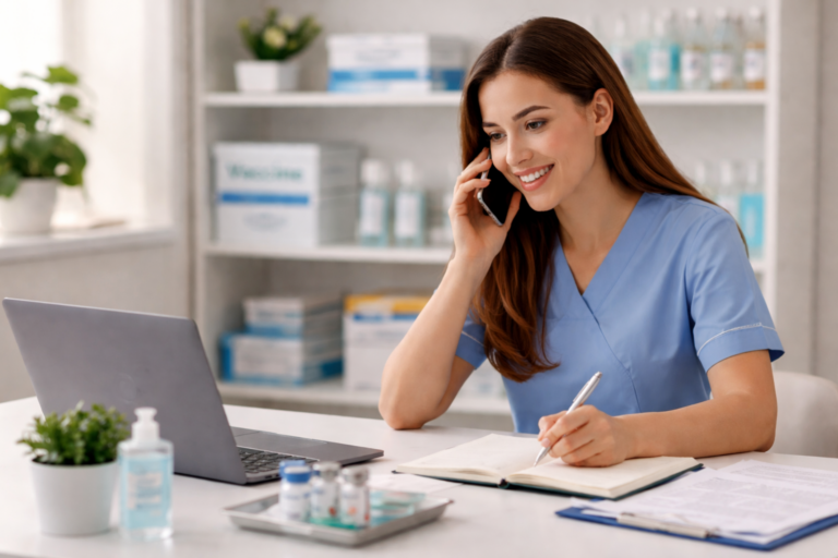 Mulher ao telefone atendendo pacientes